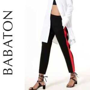 Babaton Aritzia Conan Crepette High Rise Pull On Black Stripe Cropped Trousers